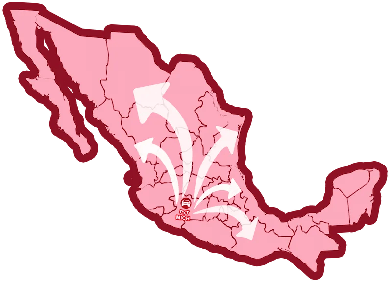 Mapa de México que indica que los envíos se realizan desde Michoacán a todo el país